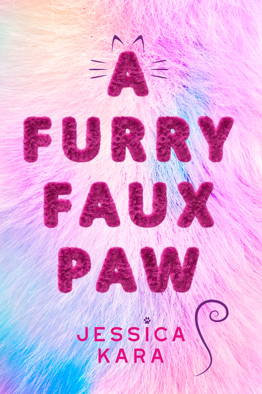 A FURRY FAUX PAW cover; dark pink fuzzy words overlaid pastel pink and blue fur 